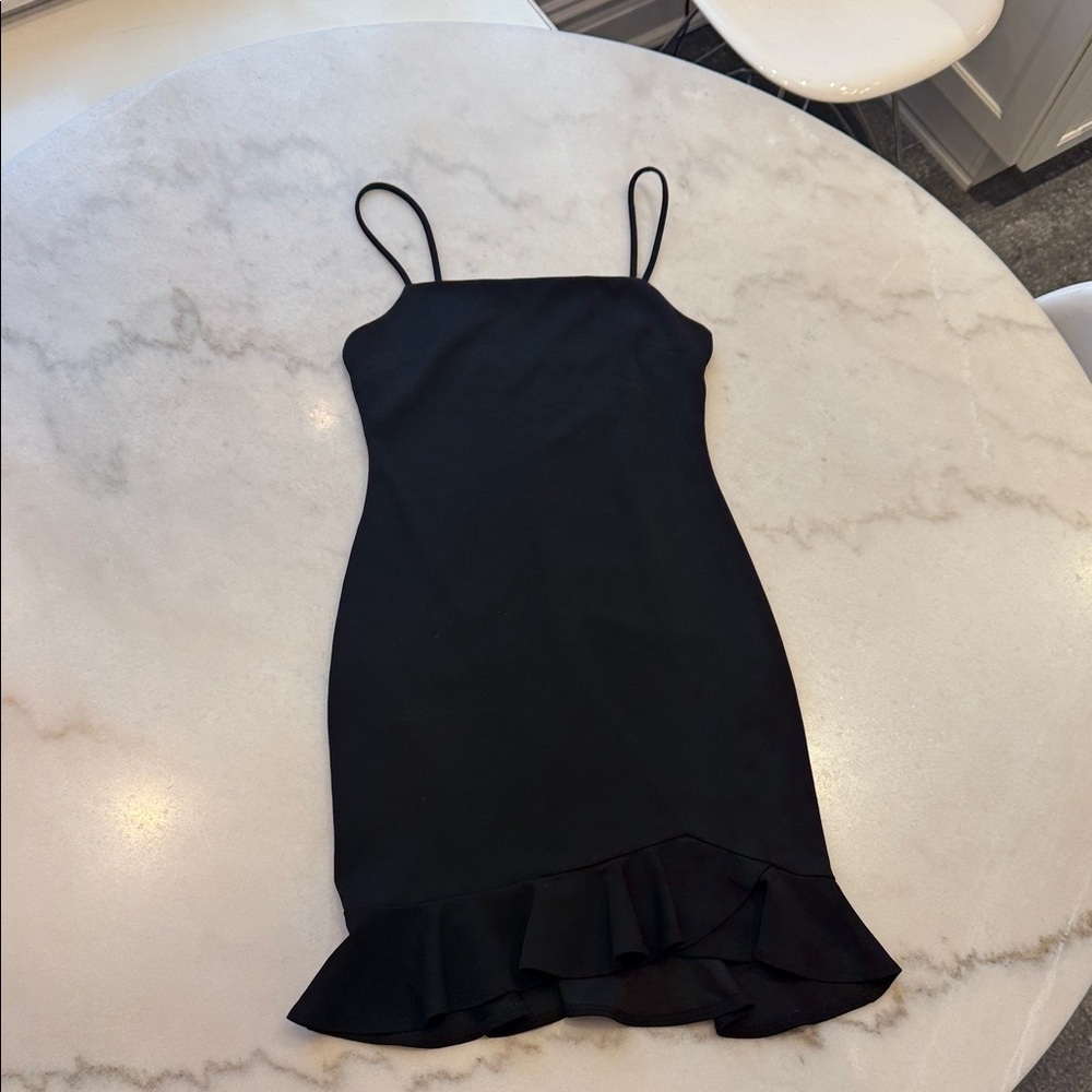 NWOT Black square neck Mini Dress with flounce hem